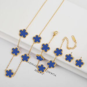Stainless Steel Five-Leaf Flower Jewelry Set – Necklace, Bracelet & Earrings