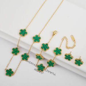 Stainless Steel Five-Leaf Flower Jewelry Set – Necklace, Bracelet & Earrings