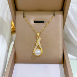 DIEYURO 316L Stainless Steel Pearl & Zircon Pendant Jewelry Set – Necklace & Earrings