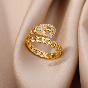 Gold-Plated Stainless Steel Crystal Ring – Geometric Chain Zircon Design