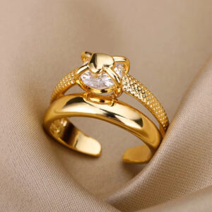 Gold-Plated Stainless Steel Crystal Ring – Geometric Chain Zircon Design