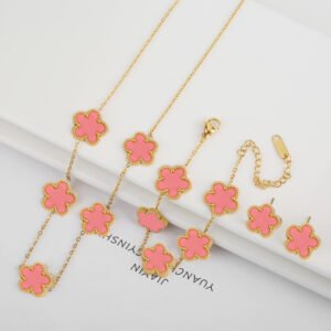 Stainless Steel Five-Leaf Flower Jewelry Set – Necklace, Bracelet & Earrings