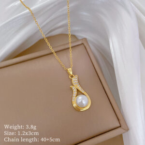 DIEYURO 316L Stainless Steel Pearl & Zircon Pendant Jewelry Set – Necklace & Earrings