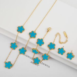 Stainless Steel Five-Leaf Flower Jewelry Set – Necklace, Bracelet & Earrings