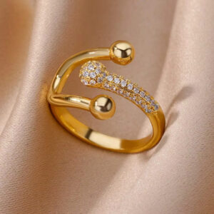 Gold-Plated Stainless Steel Crystal Ring – Geometric Chain Zircon Design