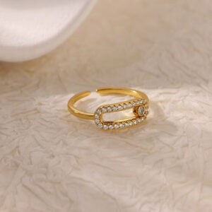 Gold-Plated Stainless Steel Crystal Ring – Geometric Chain Zircon Design